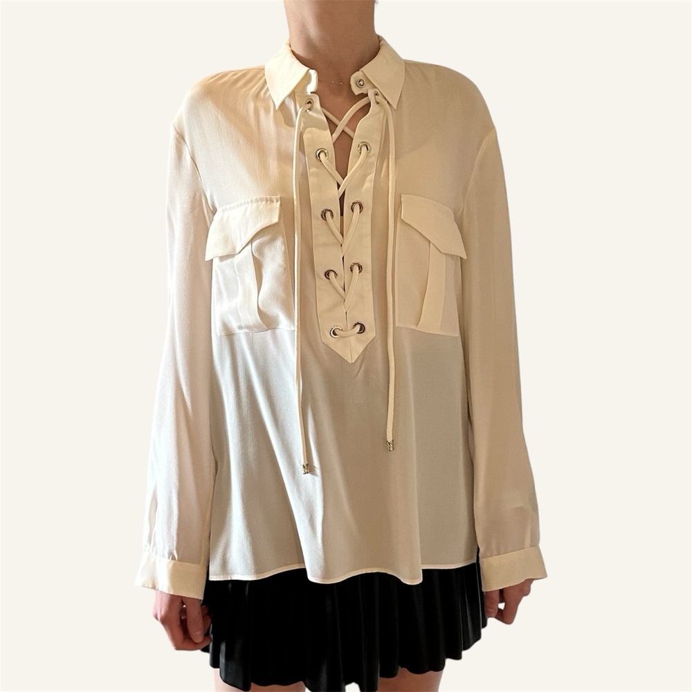 ROBERTO CAVALLI Silk Lace-Up Blouse Size 42IT🌸